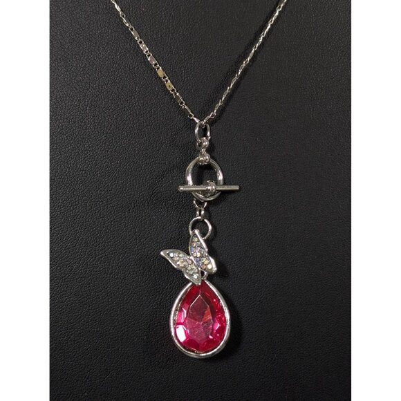 Boho Butterfly Teardrop Pendant AB Crystal Pave Toggle Necklace Silver Tone 18" - Picture 1 of 10